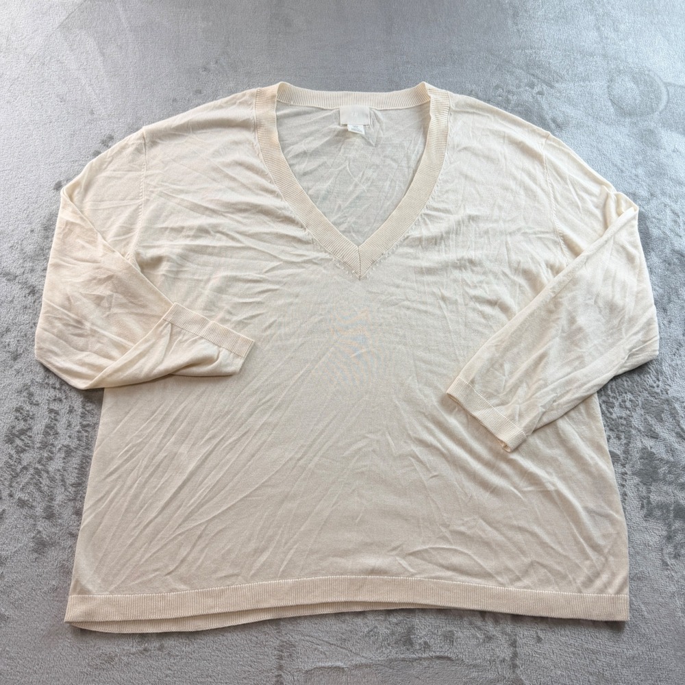 H&M Women's XL Cream V-Neck Long Sleeve Sweater Ribbed Trim Lightweight Knit